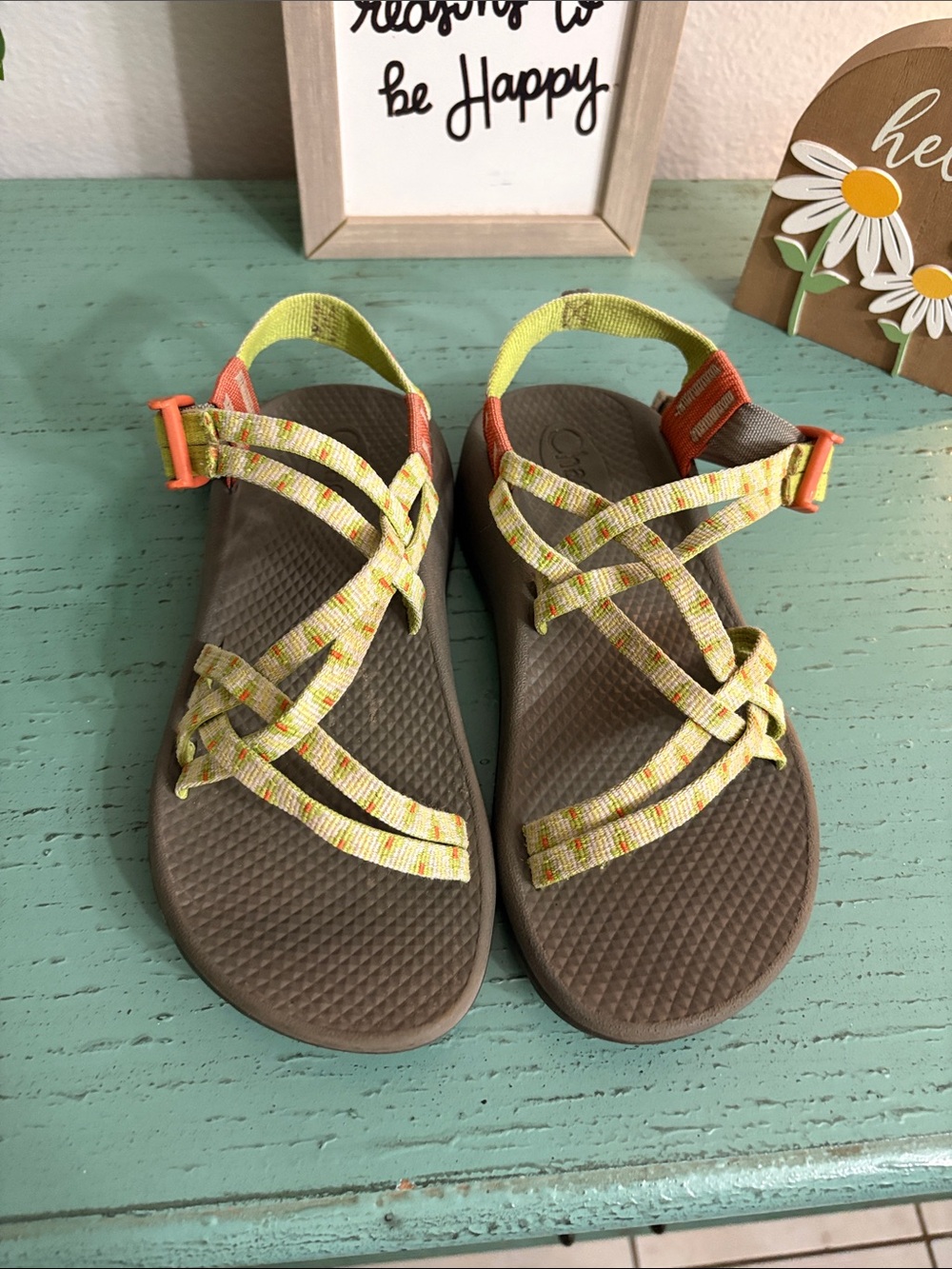Chaco Yellow Multi-Color Strap Sandals with Brown Footbed